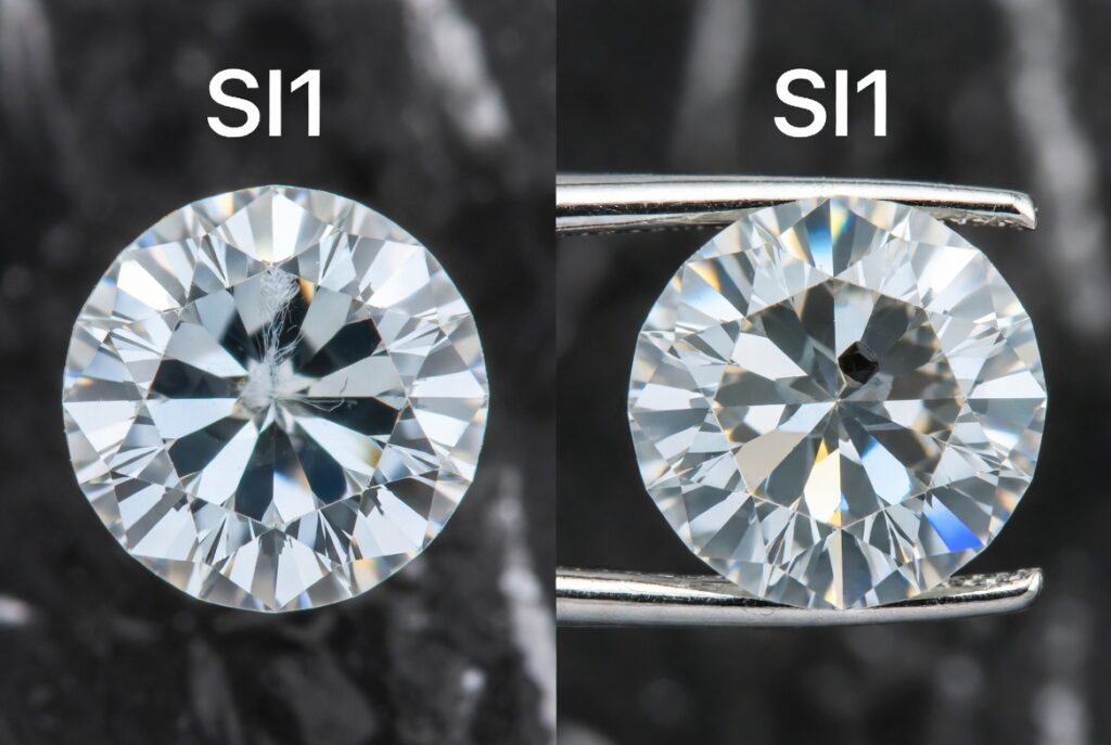 An SI1 with a white feather near the edge vs An SI1 with a black crystal under the table