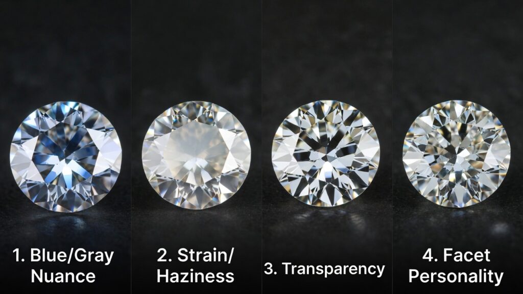 Comparison of lab-grown diamonds showing haze, color tint, and different facet styles under magnification